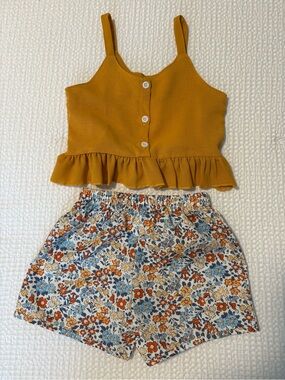 SHEIN Mustard Ruffle Tank & Blue Floral Shorts Set